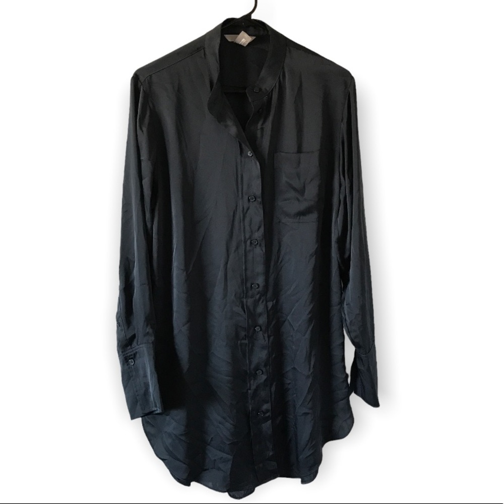 H&M dark gray satin long sleeve button down oversized blouse